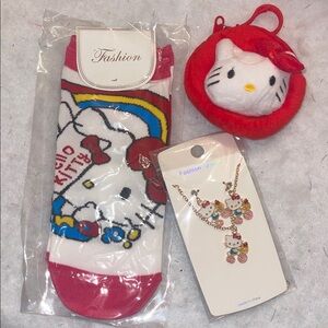 Hello Kitty Kids Socks coin purse, Necklace Set - Red, White nwt